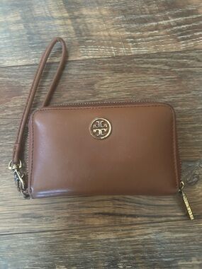 Tory Burch Cognac Leather Wristlet with Gold Logo